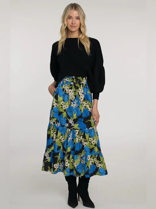 Elizabeth James The Label Surrey Blue Green Midi Skirt in Night Bloom - Picture 1 of 13